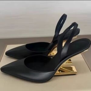 Elegant💫  Black Slingback Heels with Gold Accents